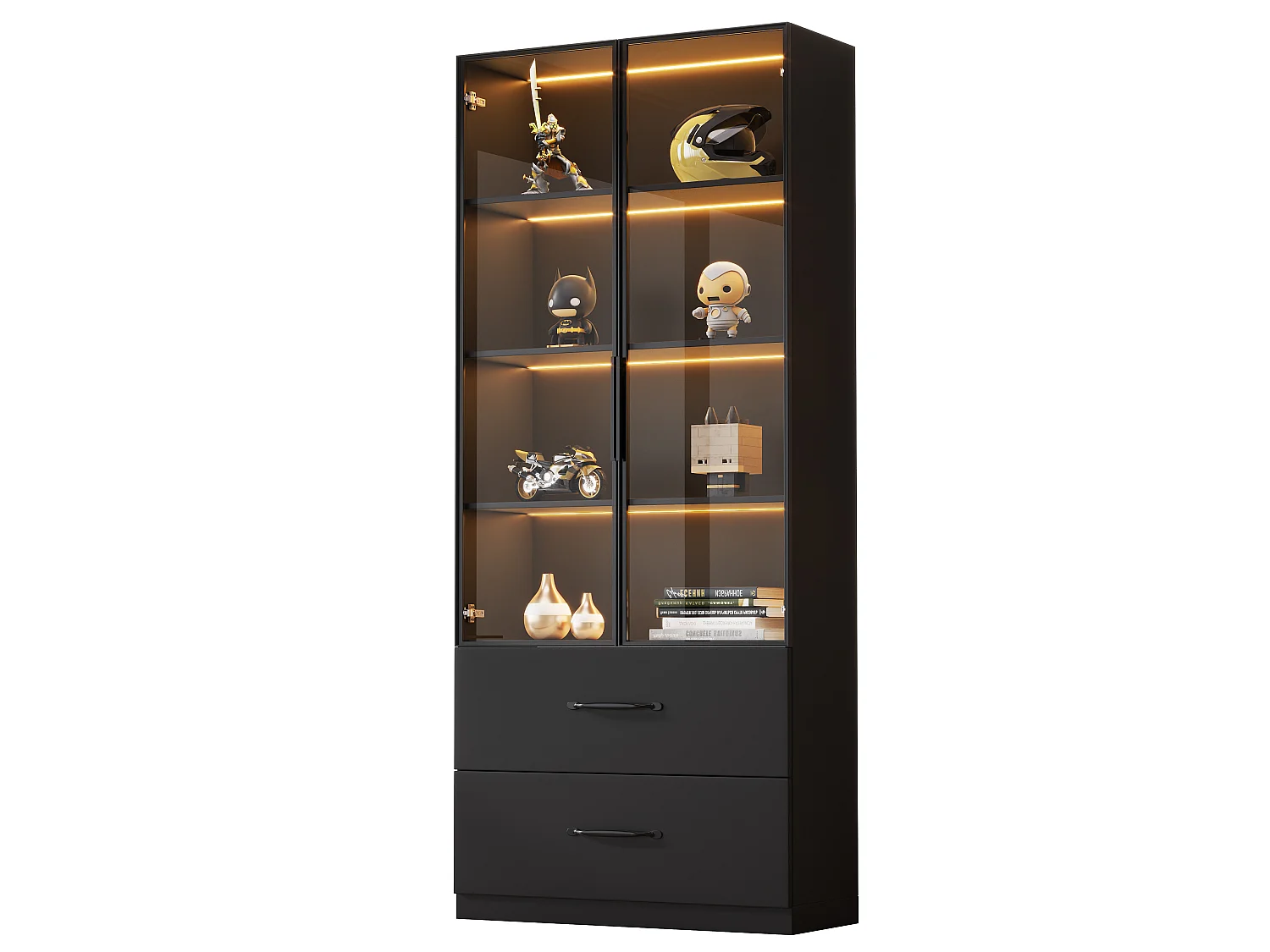Glasvitrine 60×40×160 cm - mit LED-Beleuchtung - 2 Glastüren und 2 Schubladen - MDF-Struktur - schwarz