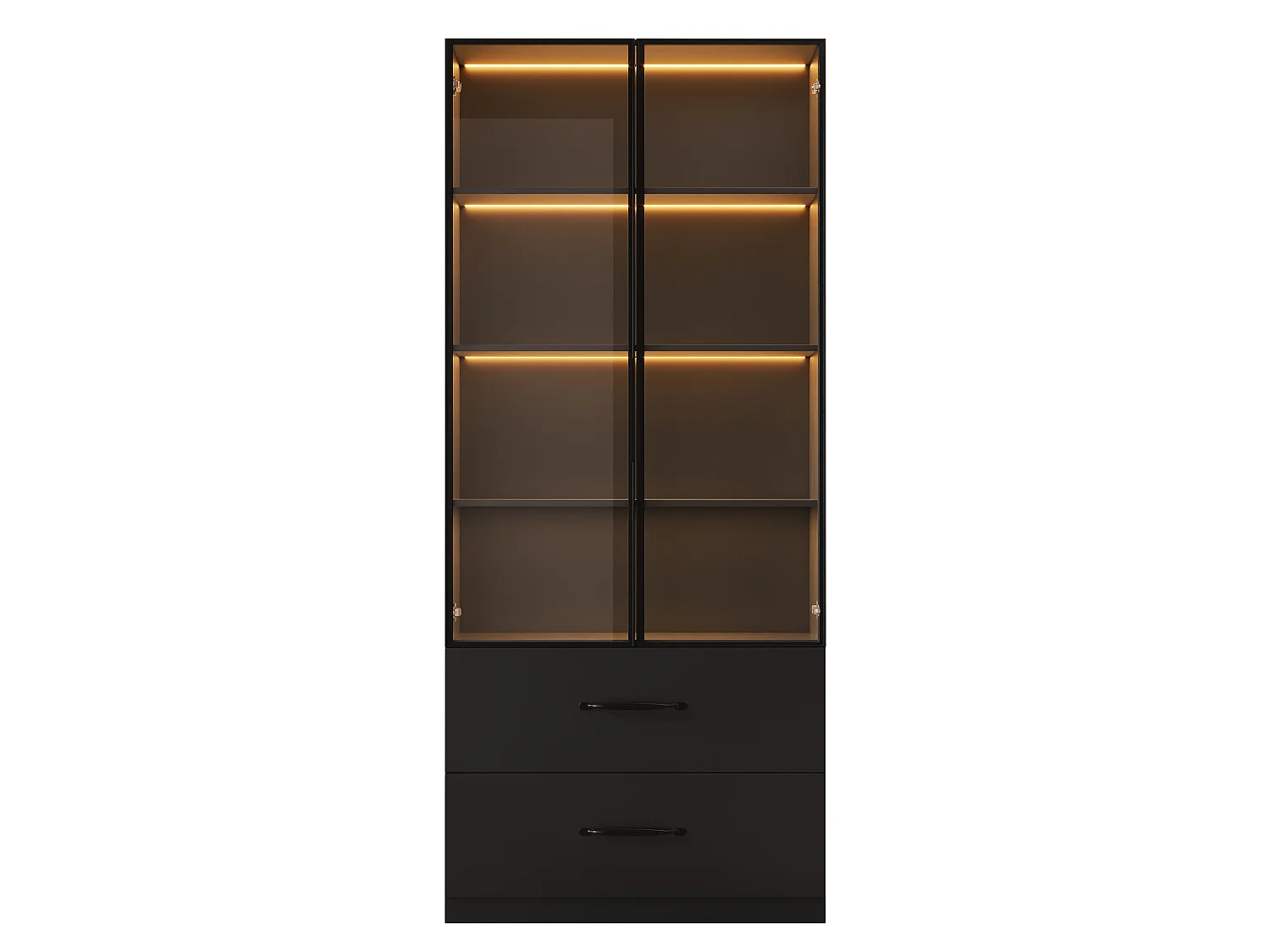 Glasvitrine 60×40×160 cm - mit LED-Beleuchtung - 2 Glastüren und 2 Schubladen - MDF-Struktur - schwarz