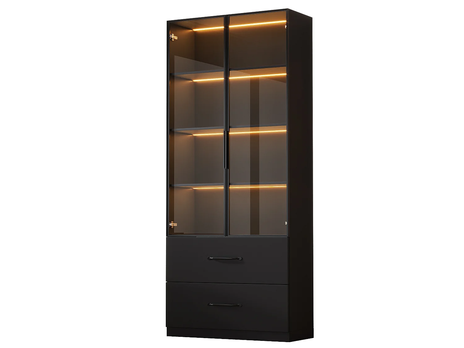 Glasvitrine 60×40×160 cm - mit LED-Beleuchtung - 2 Glastüren und 2 Schubladen - MDF-Struktur - schwarz