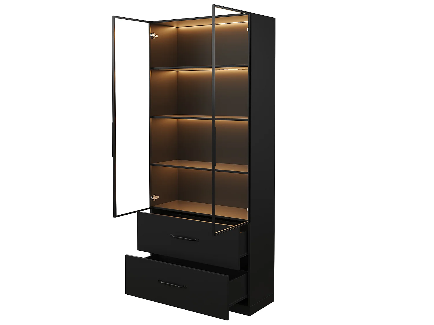 Glasvitrine 60×40×160 cm - mit LED-Beleuchtung - 2 Glastüren und 2 Schubladen - MDF-Struktur - schwarz