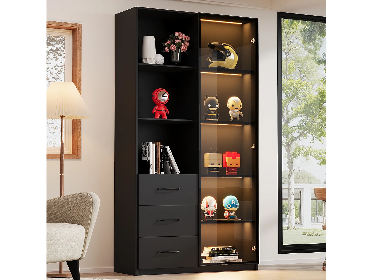 Vitrine avec éclairage LED - 80x40x160 cm - 1 porte en verre trempé - 3 tiroirs et 3 étagères ouvertes - Noir