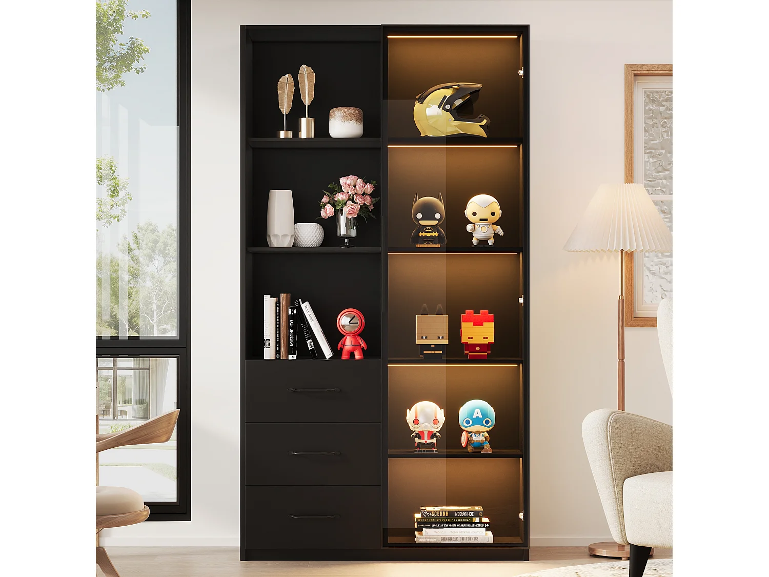Vitrine avec éclairage LED - 80x40x160 cm - 1 porte en verre trempé - 3 tiroirs et 3 étagères ouvertes - Noir