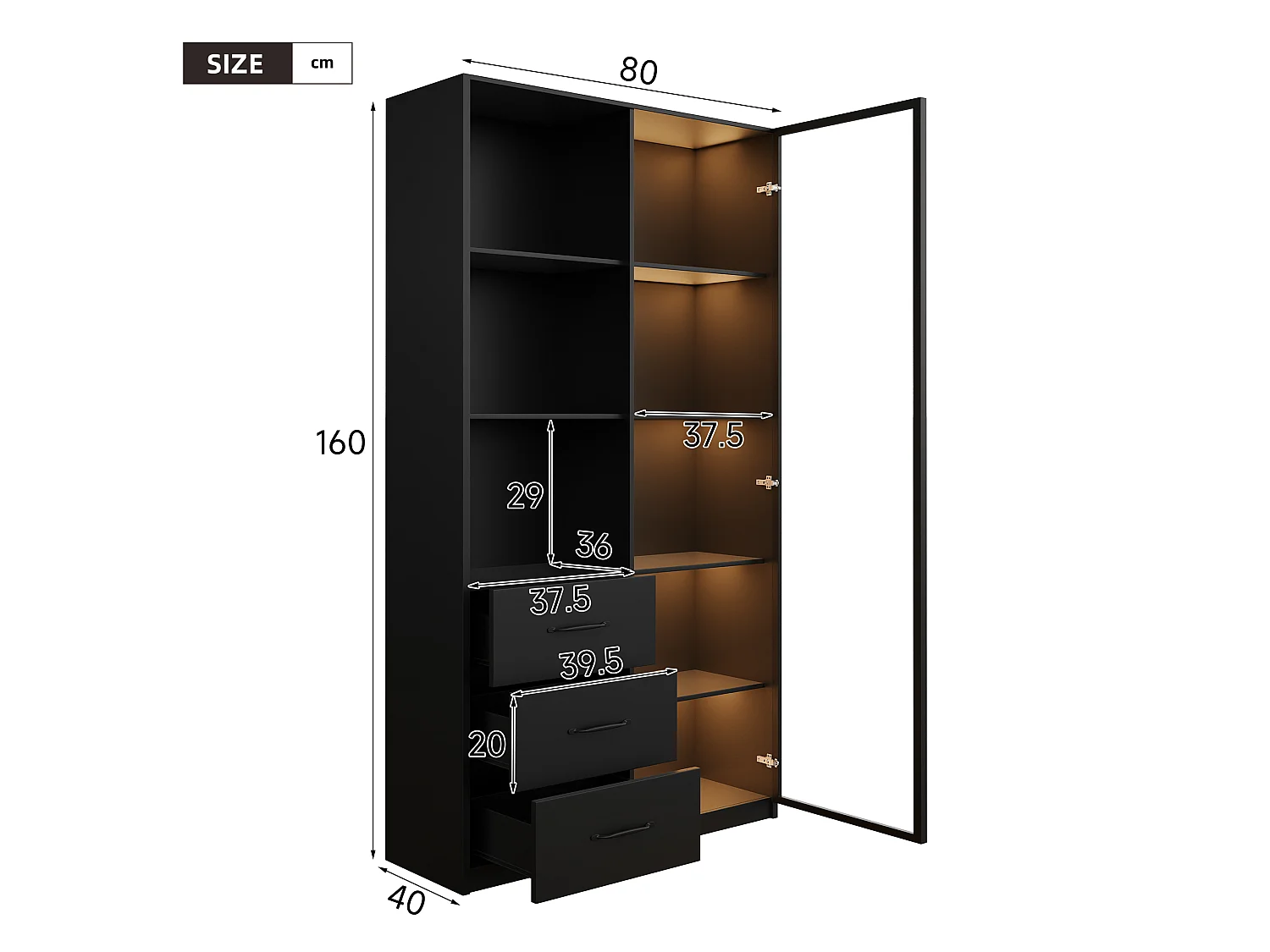 Vitrine avec éclairage LED - 80x40x160 cm - 1 porte en verre trempé - 3 tiroirs et 3 étagères ouvertes - Noir