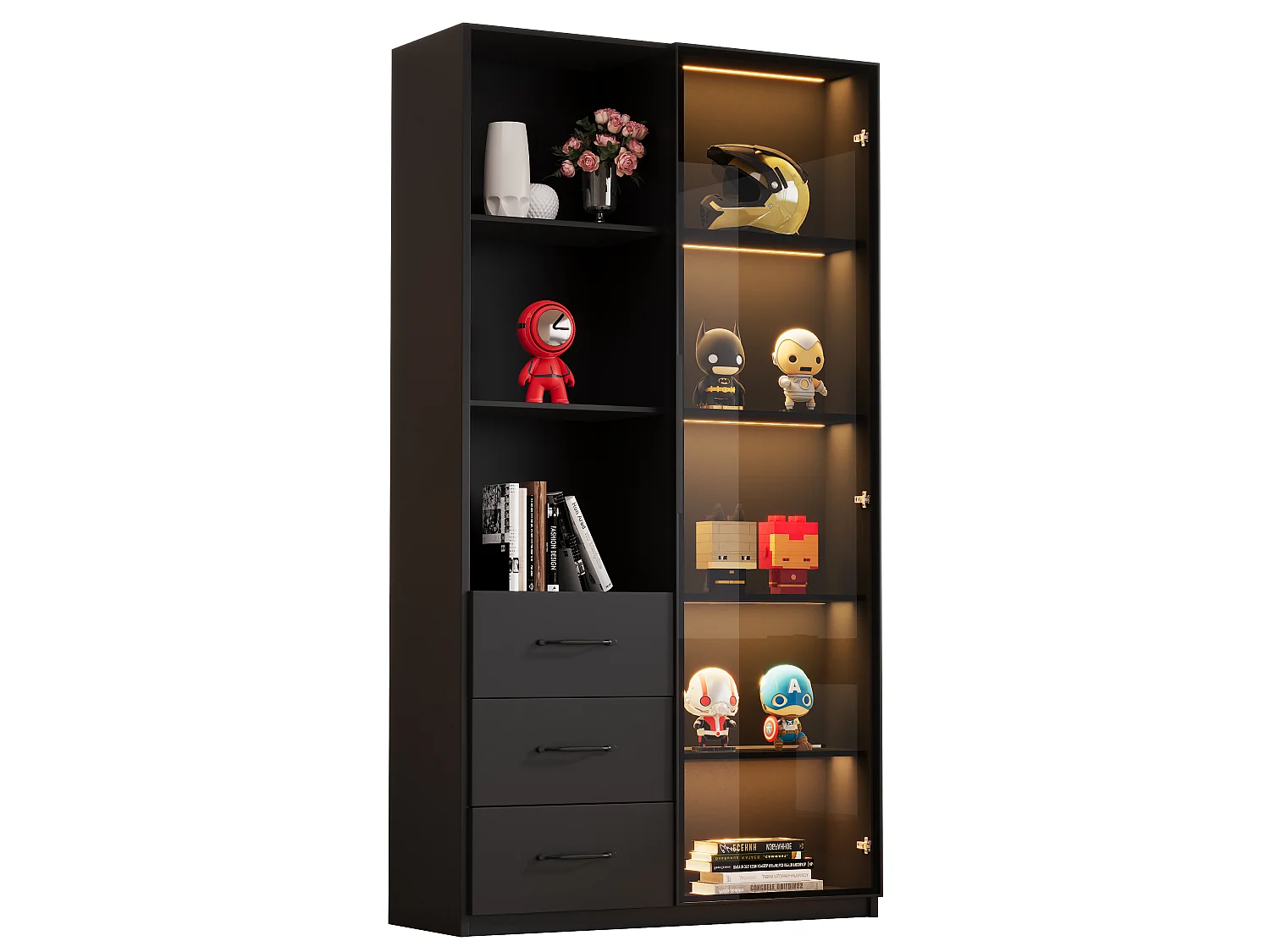 Vitrine avec éclairage LED - 80x40x160 cm - 1 porte en verre trempé - 3 tiroirs et 3 étagères ouvertes - Noir