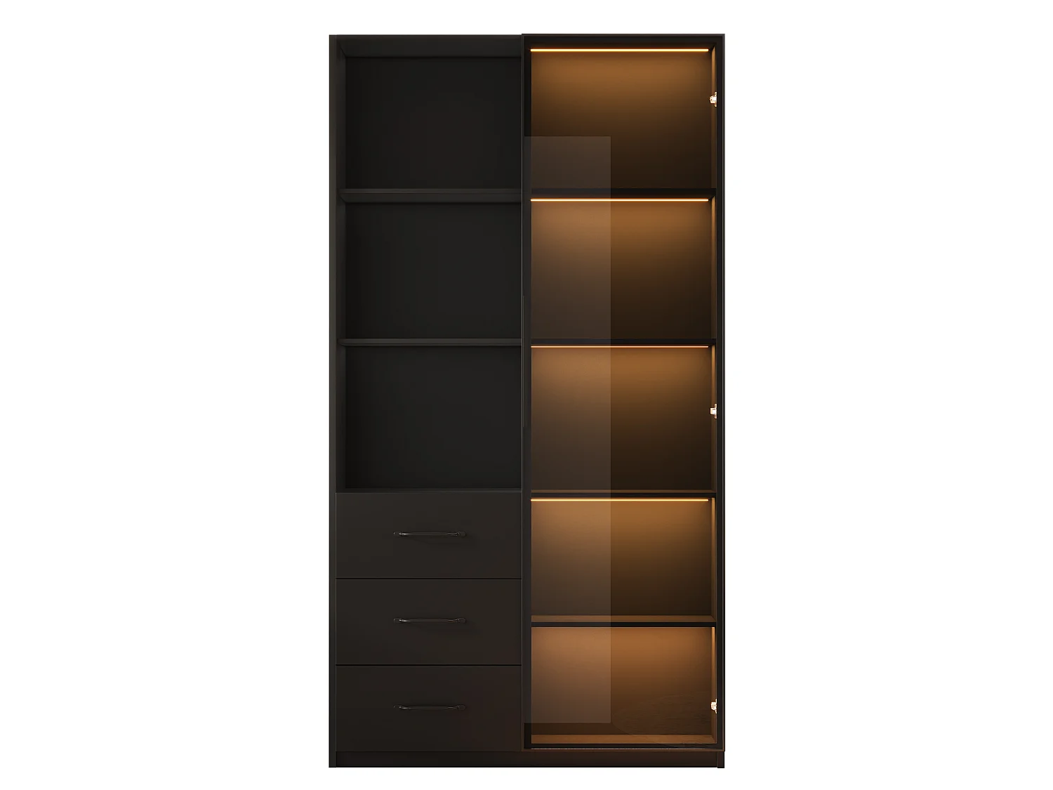 Vitrine avec éclairage LED - 80x40x160 cm - 1 porte en verre trempé - 3 tiroirs et 3 étagères ouvertes - Noir