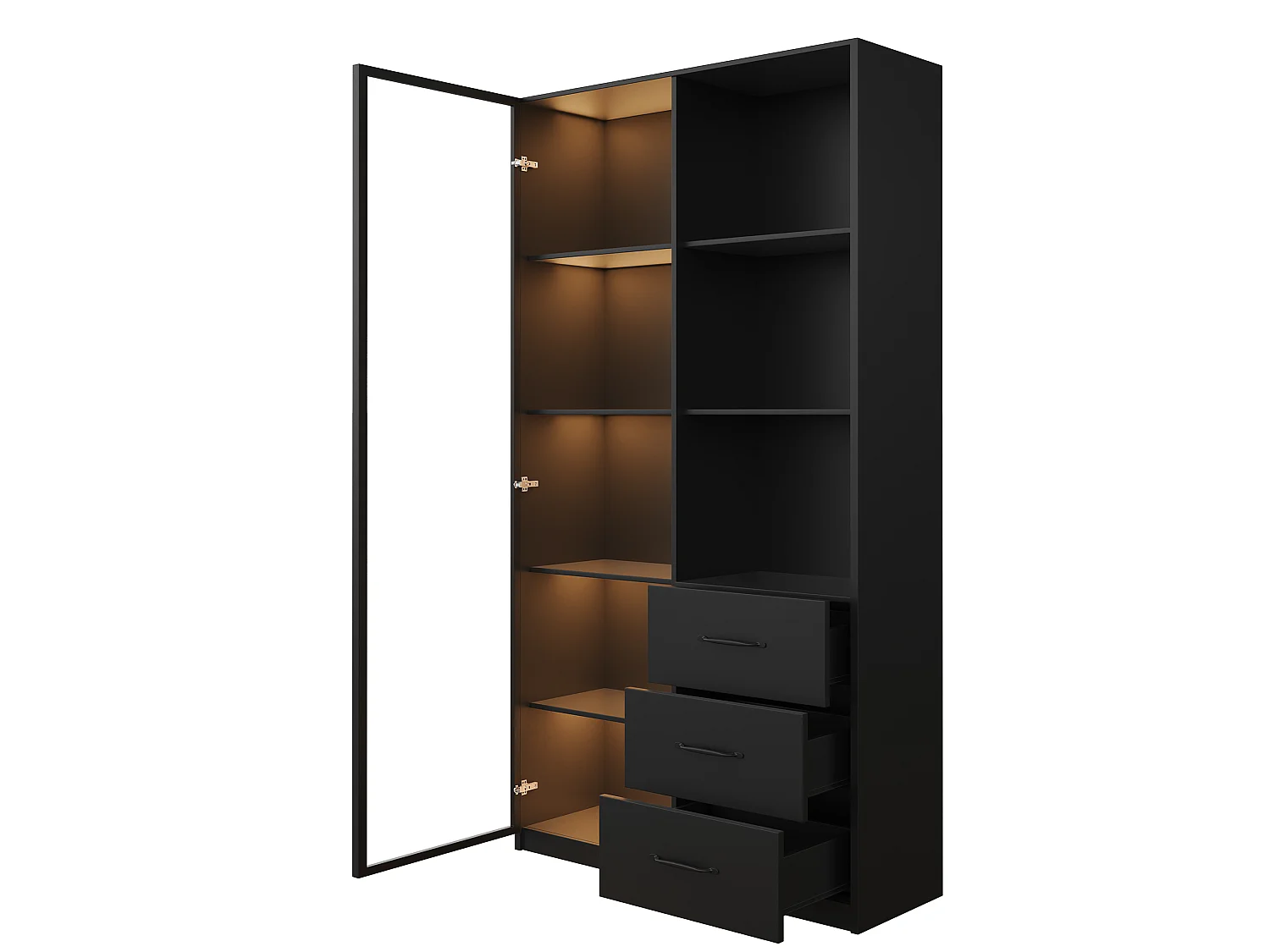 Vitrine avec éclairage LED - 80x40x160 cm - 1 porte en verre trempé - 3 tiroirs et 3 étagères ouvertes - Noir