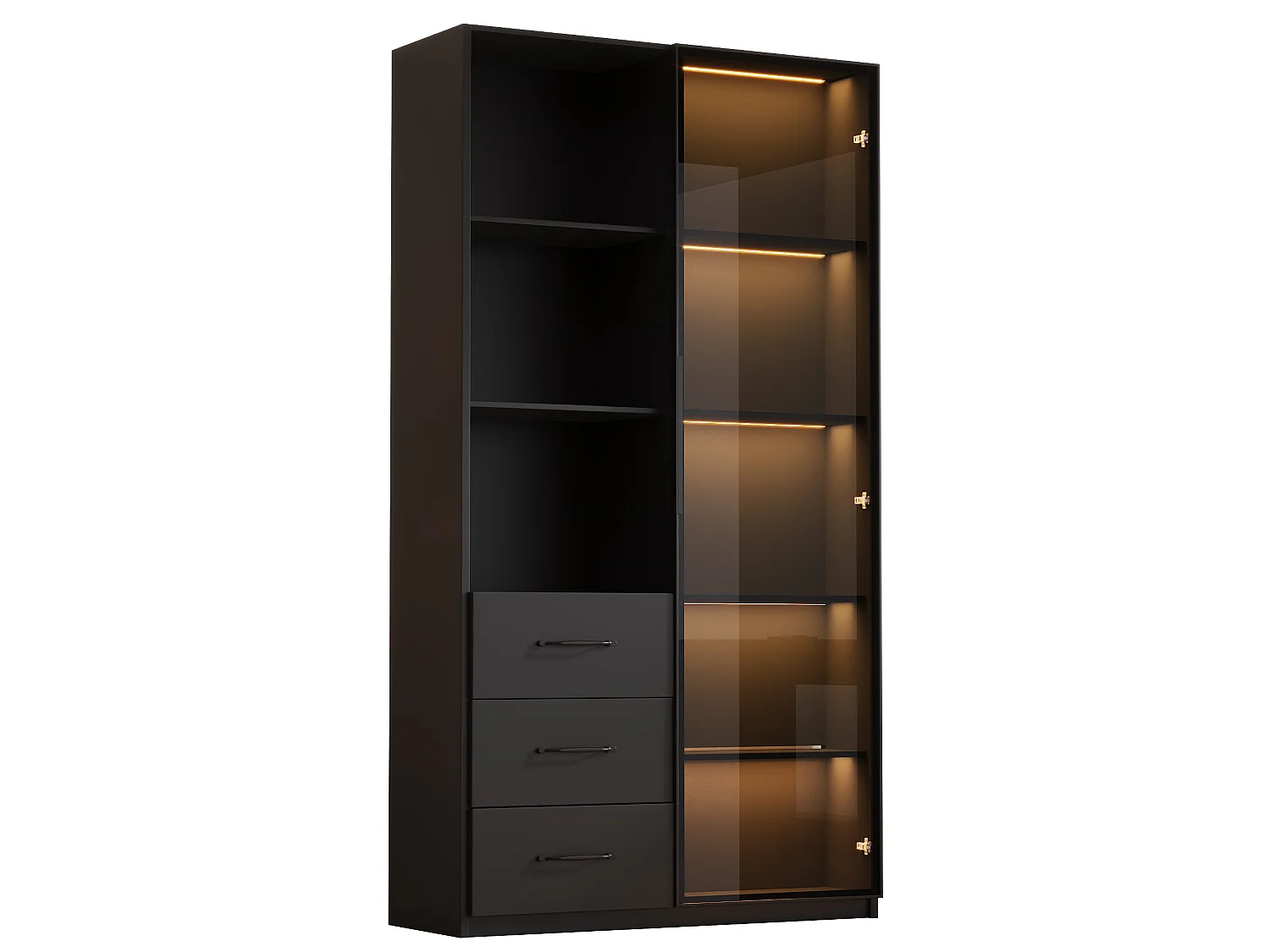 Vitrine avec éclairage LED - 80x40x160 cm - 1 porte en verre trempé - 3 tiroirs et 3 étagères ouvertes - Noir