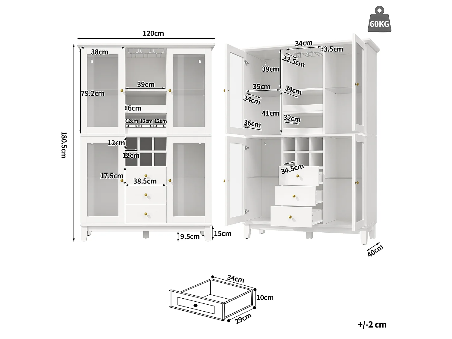 Vitrine branca com iluminação LED, 3 gavetas, prateleira em vidro e 4 portas em vidro, 120 x 40 x 180,5 cm