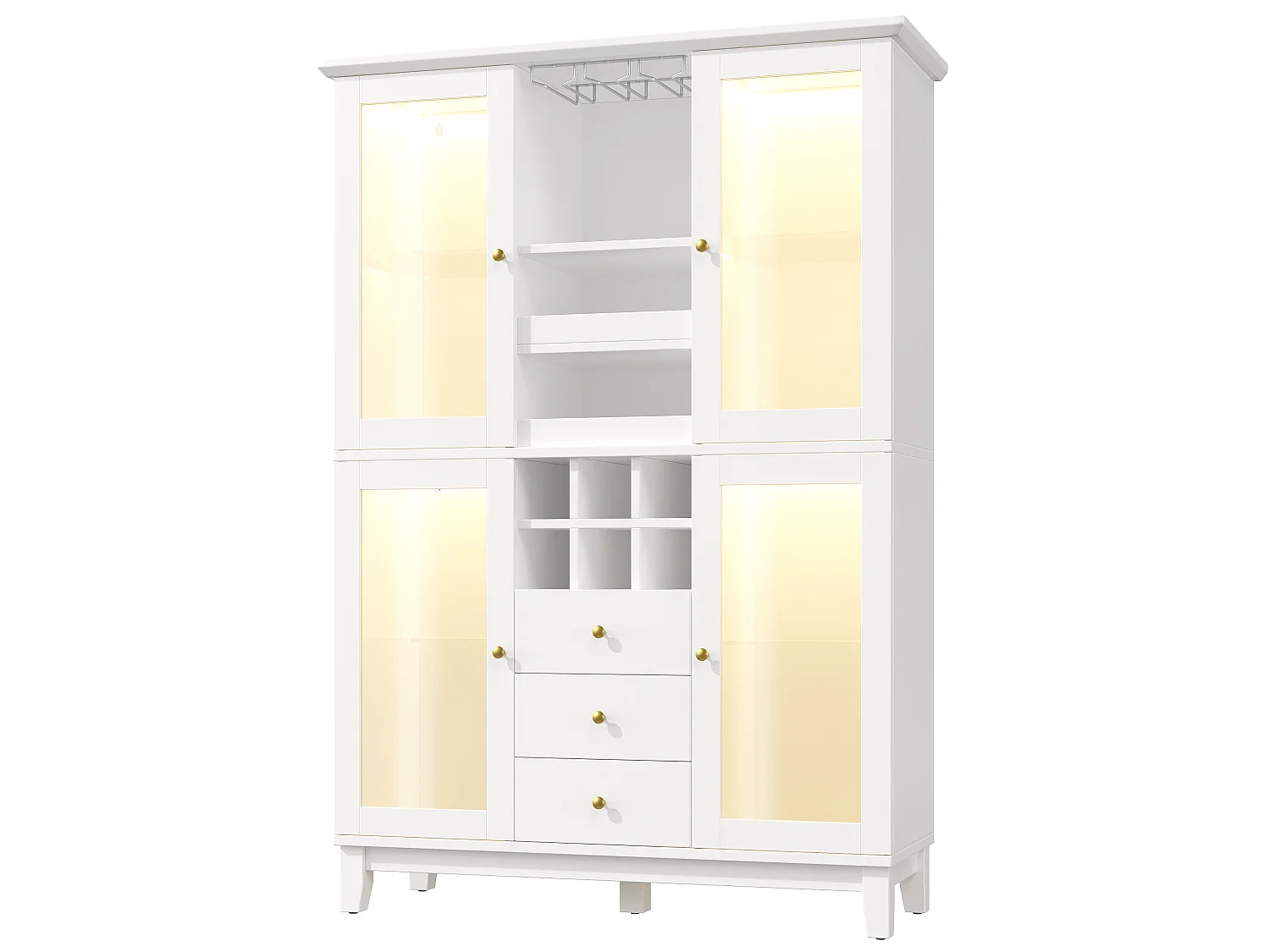 Vitrine branca com iluminação LED, 3 gavetas, prateleira em vidro e 4 portas em vidro, 120 x 40 x 180,5 cm
