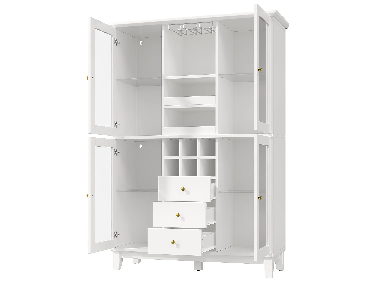 Vitrine branca com iluminação LED, 3 gavetas, prateleira em vidro e 4 portas em vidro, 120 x 40 x 180,5 cm