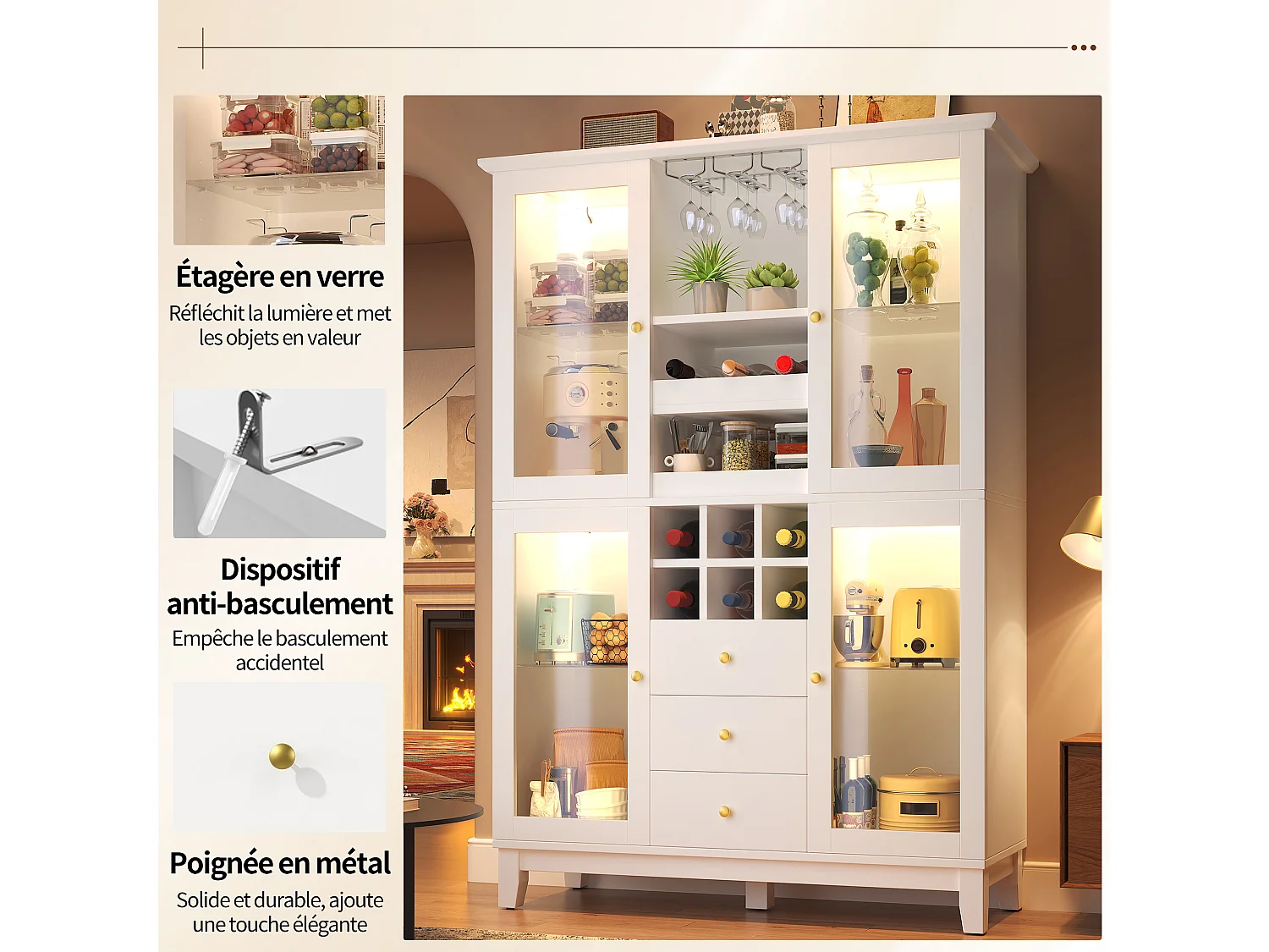 Vitrine branca com iluminação LED, 3 gavetas, prateleira em vidro e 4 portas em vidro, 120 x 40 x 180,5 cm