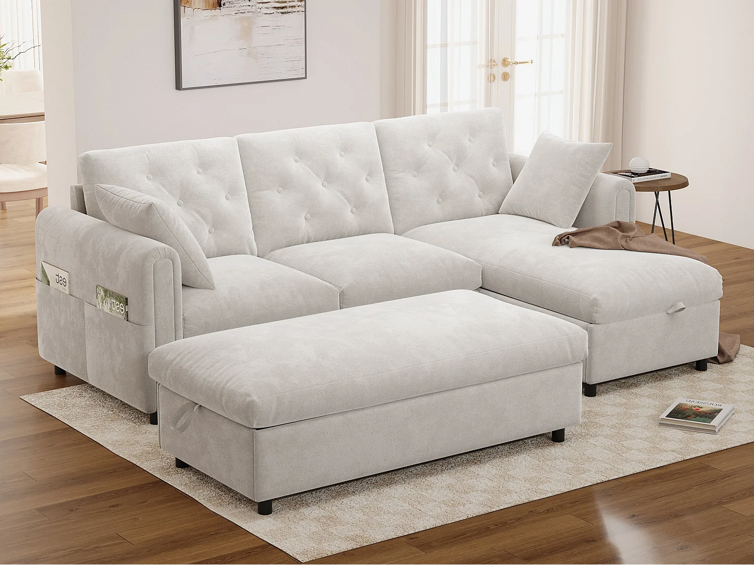 Canapé moderne en velours - avec méridienne et pouf - avec espace de rangement - peut être assemblé à gauche ou à droite - beige