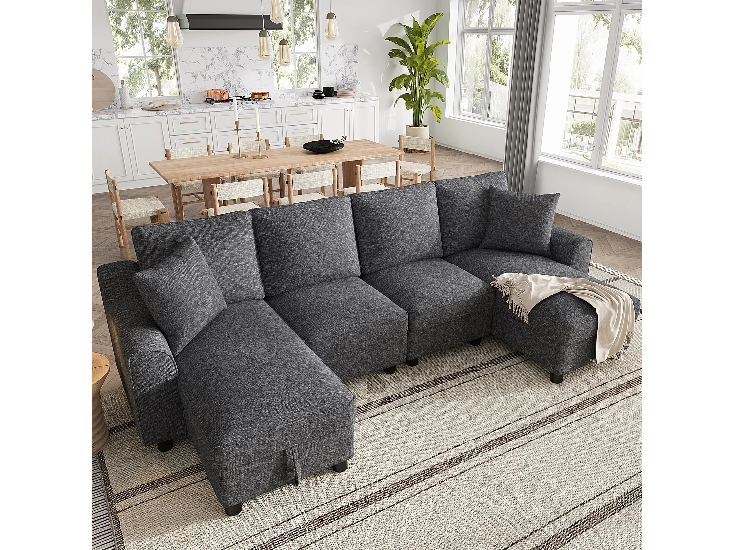 Canapé d'angle en U moderne 280×137×84 cm - comprend deux coussins - avec espace de rangement - tissu chenille - gris