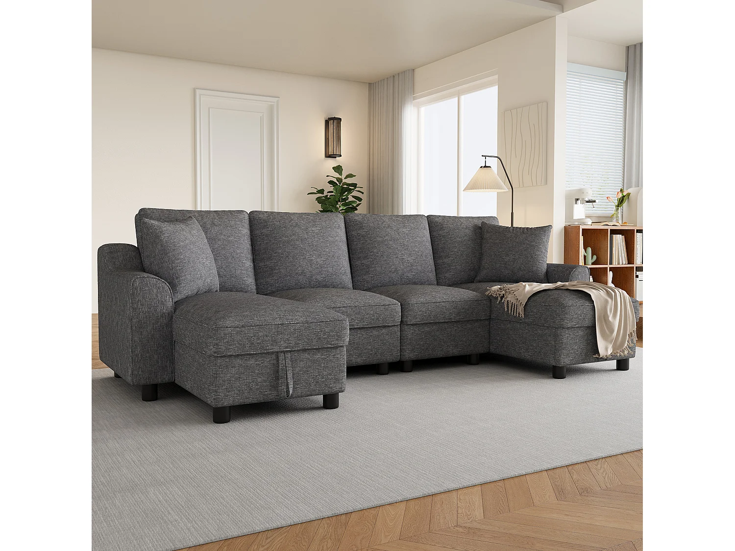 Canapé d'angle en U moderne 280×137×84 cm - comprend deux coussins - avec espace de rangement - tissu chenille - gris