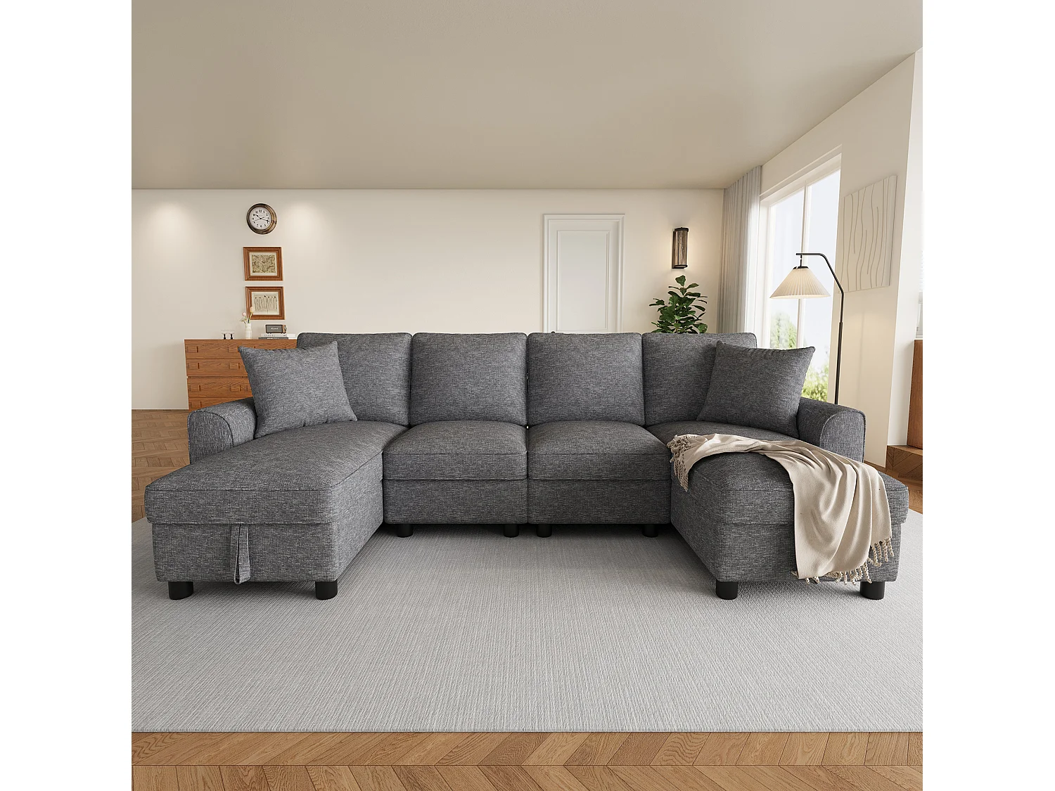 Canapé d'angle en U moderne 280×137×84 cm - comprend deux coussins - avec espace de rangement - tissu chenille - gris