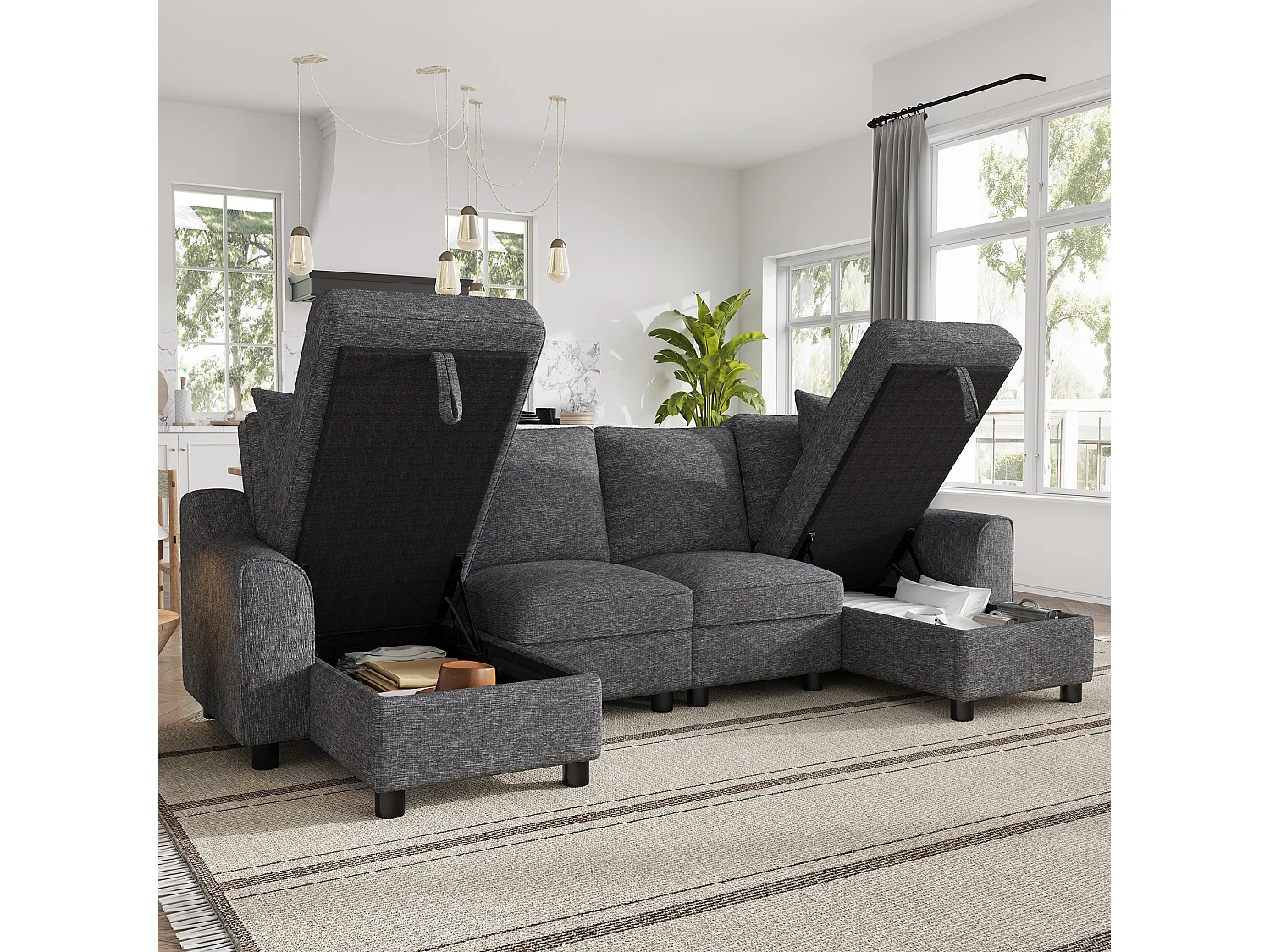 Canapé d'angle en U moderne 280×137×84 cm - comprend deux coussins - avec espace de rangement - tissu chenille - gris