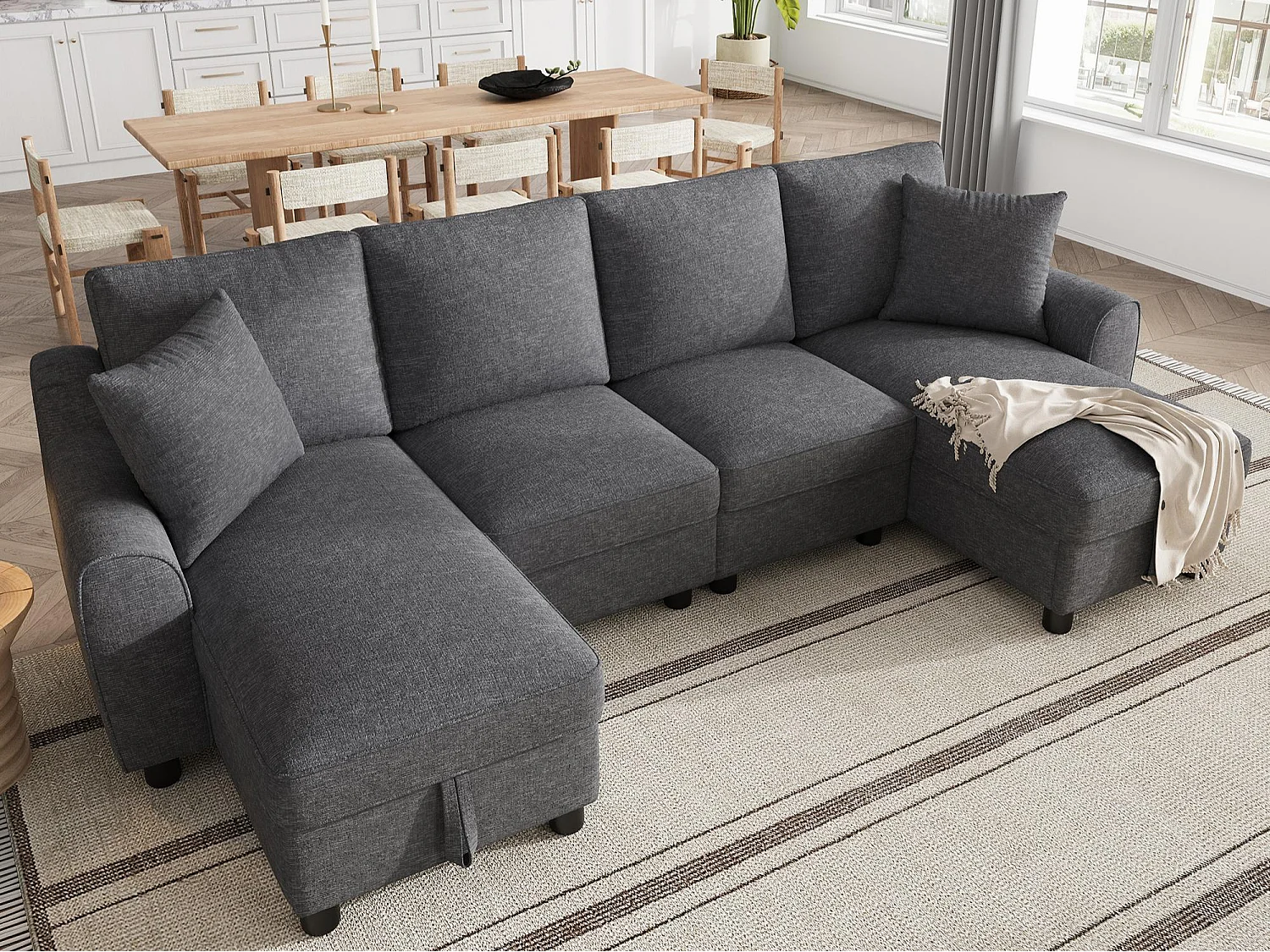 Canapé d'angle en U moderne 280×137×84 cm - comprend deux coussins - avec espace de rangement - tissu chenille - gris
