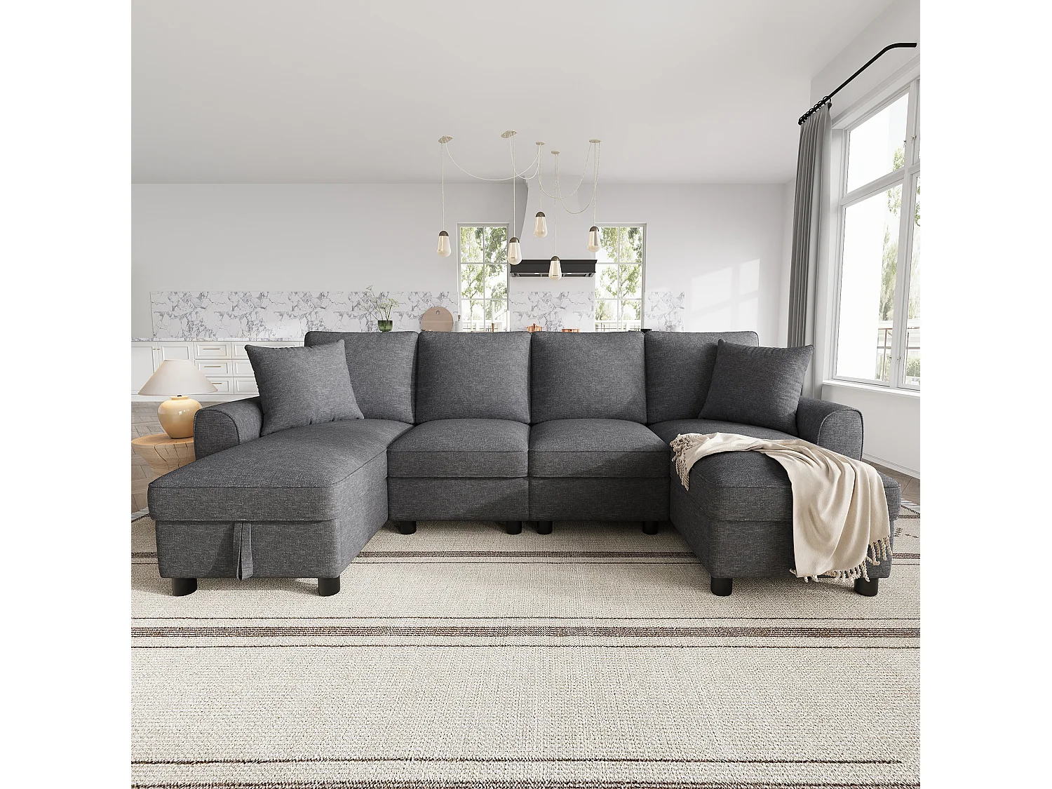 Canapé d'angle en U moderne 280×137×84 cm - comprend deux coussins - avec espace de rangement - tissu chenille - gris