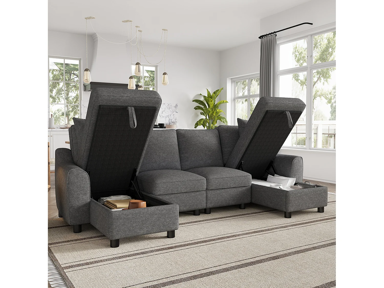 Canapé d'angle en U moderne 280×137×84 cm - comprend deux coussins - avec espace de rangement - tissu chenille - gris