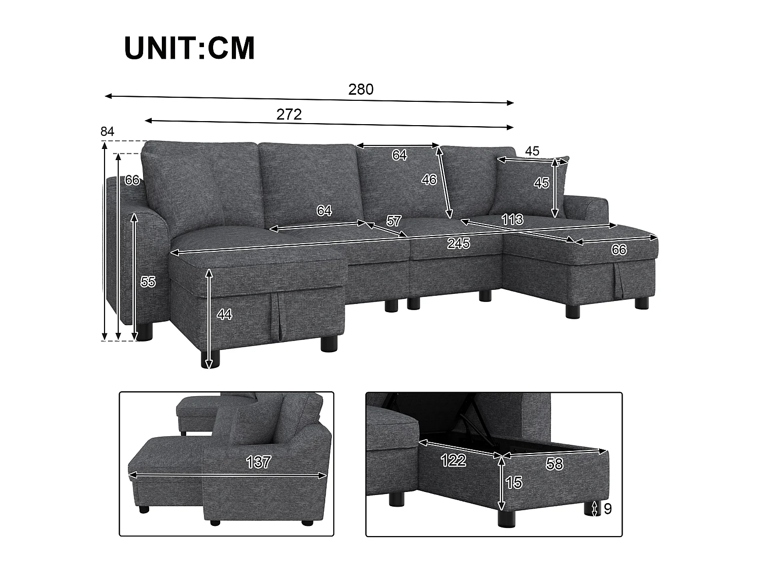 Canapé d'angle en U moderne 280×137×84 cm - comprend deux coussins - avec espace de rangement - tissu chenille - gris