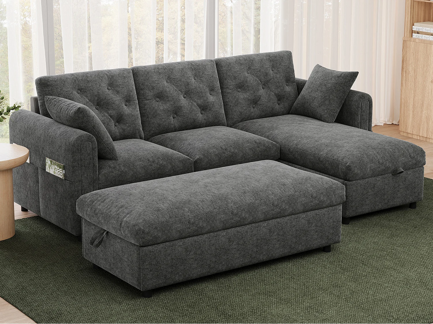 Canapé moderne en velours - avec méridienne et pouf - avec espace de rangement - peut être assemblé à gauche ou à droite - gris
