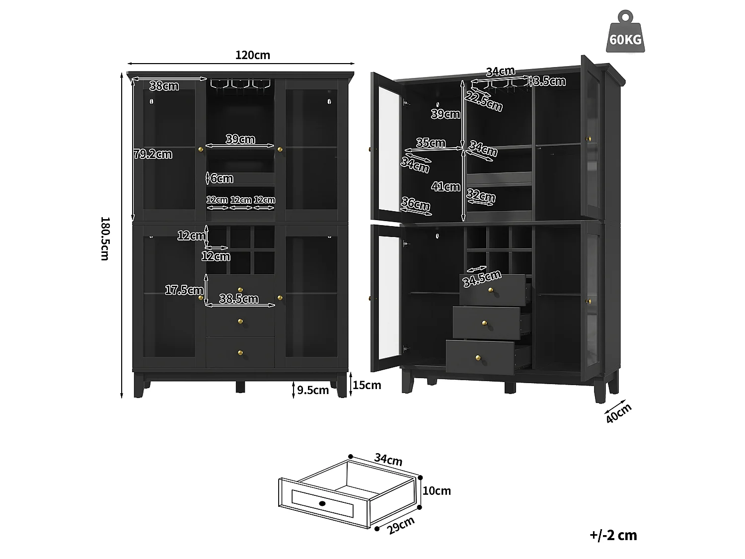 Vitrine preta com iluminação LED, 3 gavetas, prateleira em vidro e 4 portas em vidro, 120 x 40 x 180,5 cm