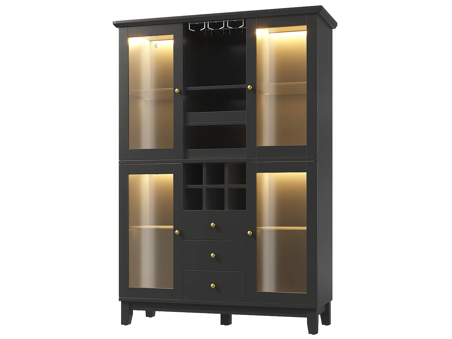Vitrine preta com iluminação LED, 3 gavetas, prateleira em vidro e 4 portas em vidro, 120 x 40 x 180,5 cm