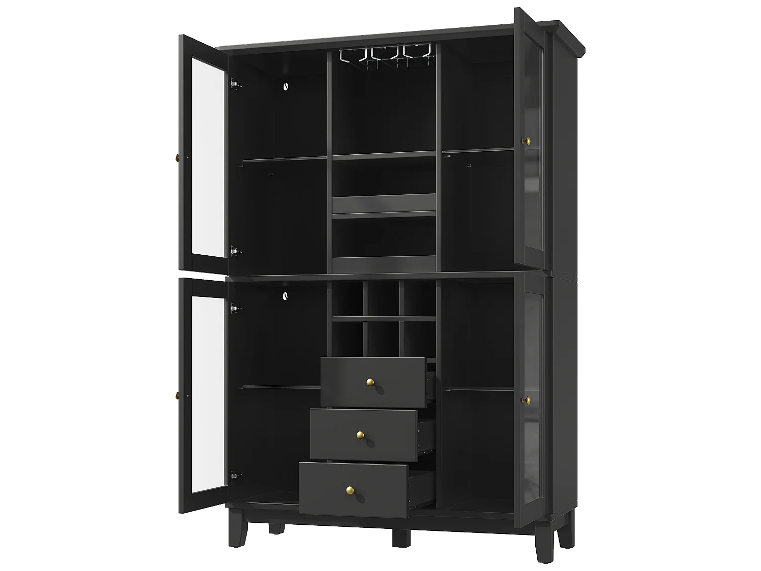 Vitrine preta com iluminação LED, 3 gavetas, prateleira em vidro e 4 portas em vidro, 120 x 40 x 180,5 cm