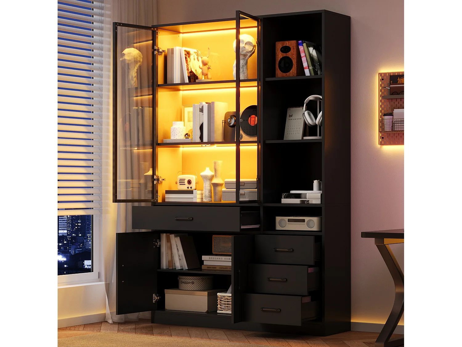 Vitrine com iluminação LED - 120x35x200 cm - 13 compartimentos de armazenamento, 4 gavetas e 4 portas - Preto