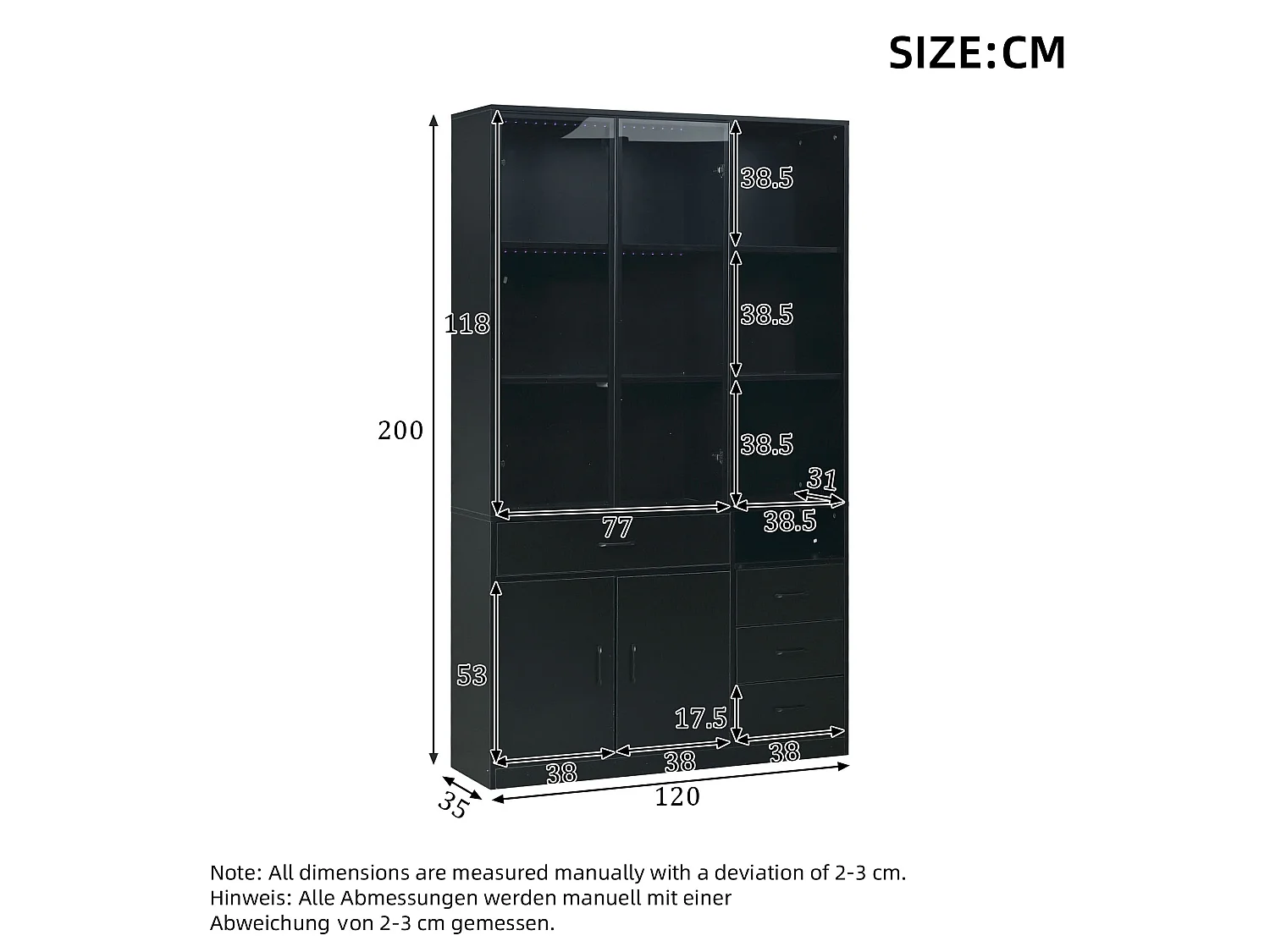 Vitrine com iluminação LED - 120x35x200 cm - 13 compartimentos de armazenamento, 4 gavetas e 4 portas - Preto