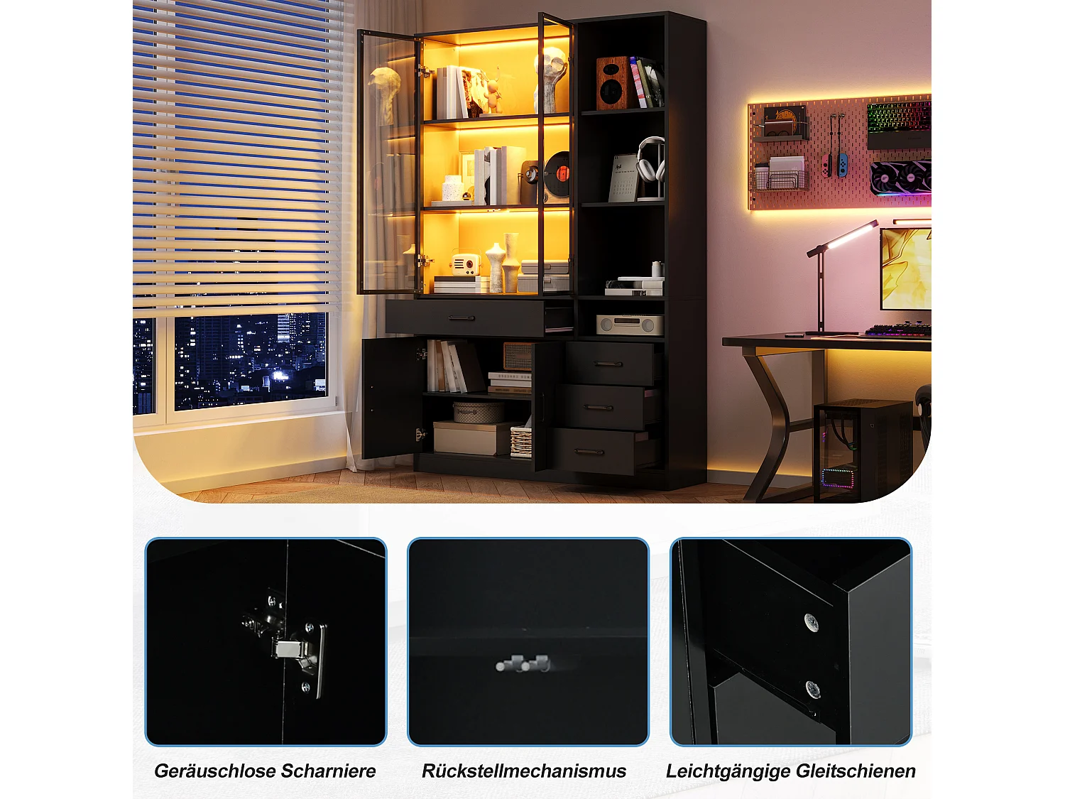 Vitrine com iluminação LED - 120x35x200 cm - 13 compartimentos de armazenamento, 4 gavetas e 4 portas - Preto