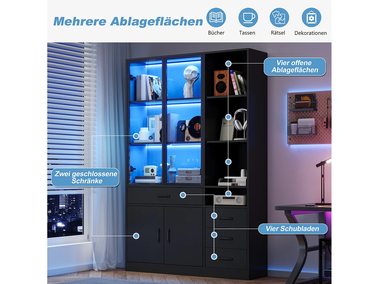 Vitrine com iluminação LED - 120x35x200 cm - 13 compartimentos de armazenamento, 4 gavetas e 4 portas - Preto