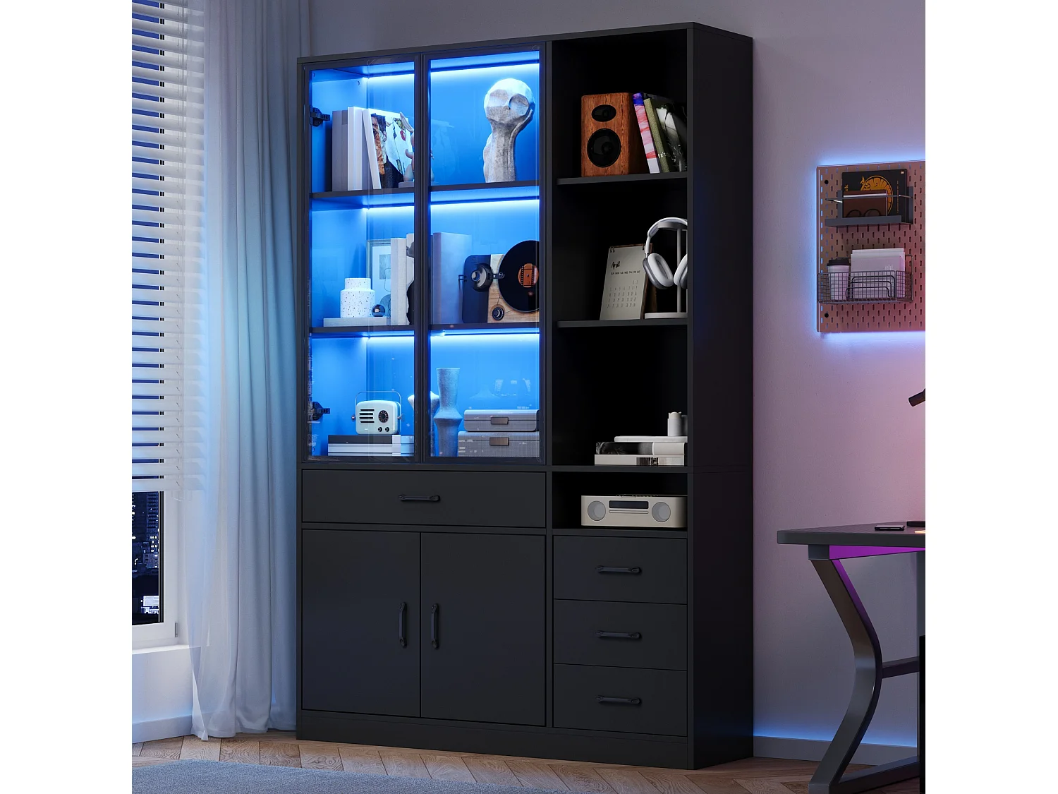 Vitrine com iluminação LED - 120x35x200 cm - 13 compartimentos de armazenamento, 4 gavetas e 4 portas - Preto