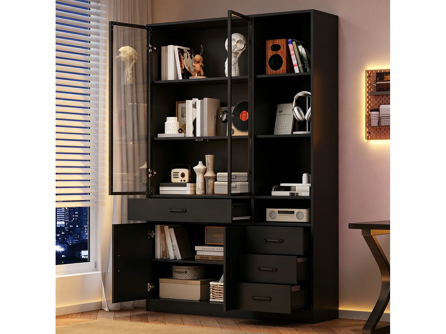 Vitrine com iluminação LED - 120x35x200 cm - 13 compartimentos de armazenamento, 4 gavetas e 4 portas - Preto