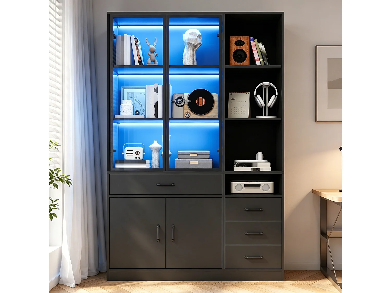 Vitrine com iluminação LED - 120x35x200 cm - 13 compartimentos de armazenamento, 4 gavetas e 4 portas - Preto