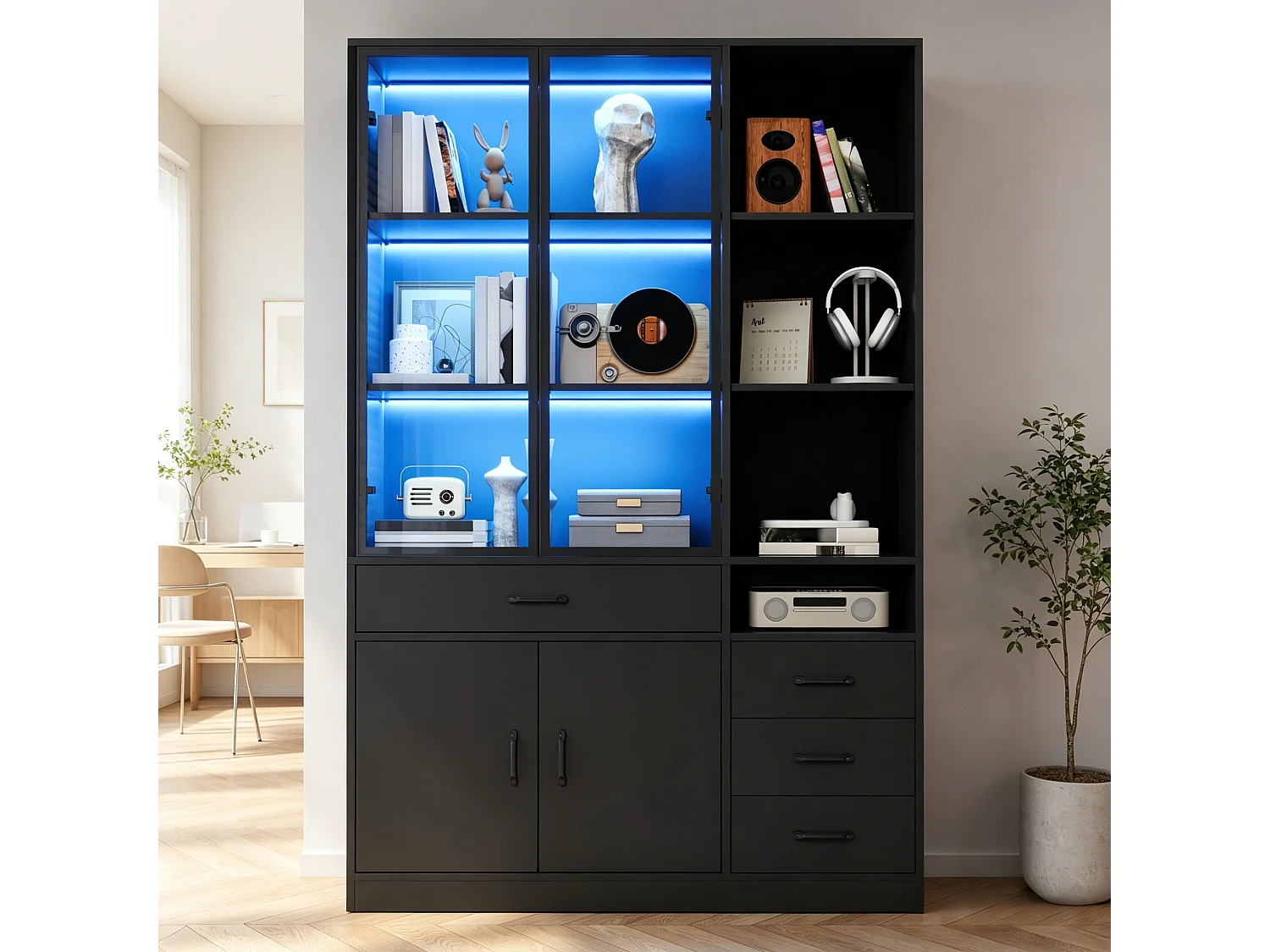 Vitrine com iluminação LED - 120x35x200 cm - 13 compartimentos de armazenamento, 4 gavetas e 4 portas - Preto
