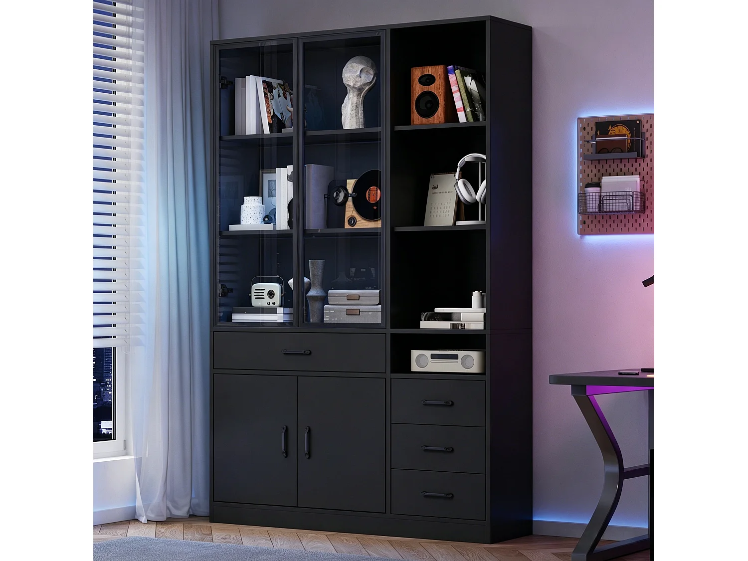 Vitrine com iluminação LED - 120x35x200 cm - 13 compartimentos de armazenamento, 4 gavetas e 4 portas - Preto