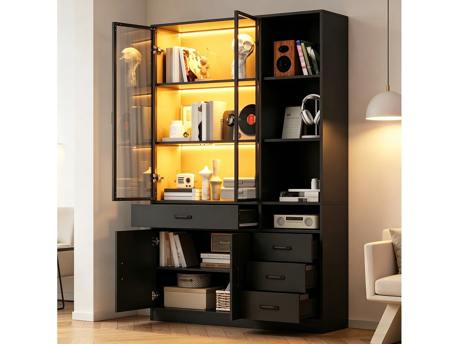 Vitrine com iluminação LED - 120x35x200 cm - 13 compartimentos de armazenamento, 4 gavetas e 4 portas - Preto