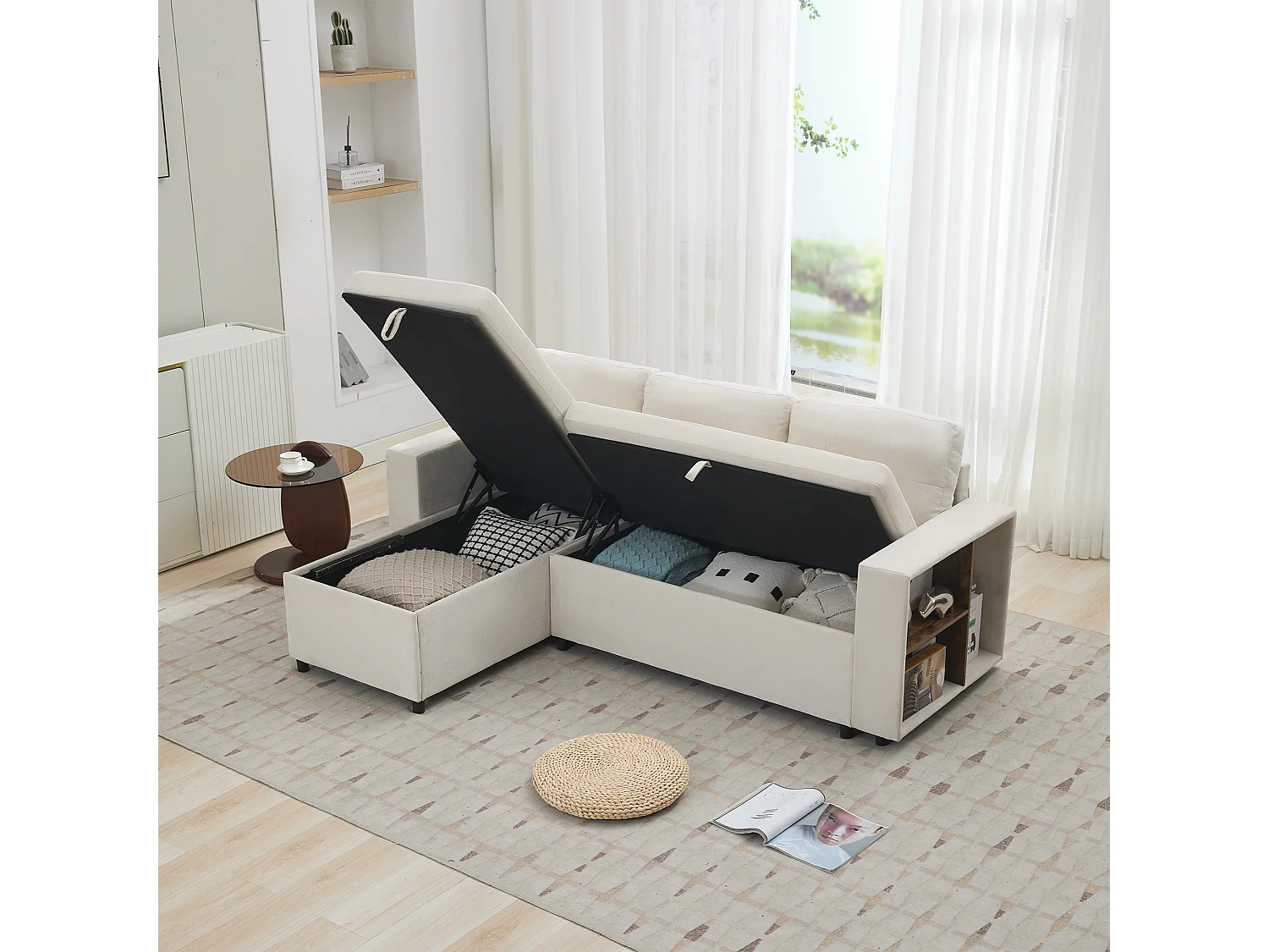 Canapé d'angle en L 3 places - 202 x 136 x 85 cm - Rangement latéral - Coussins confortables - Tissu chenille - Beige