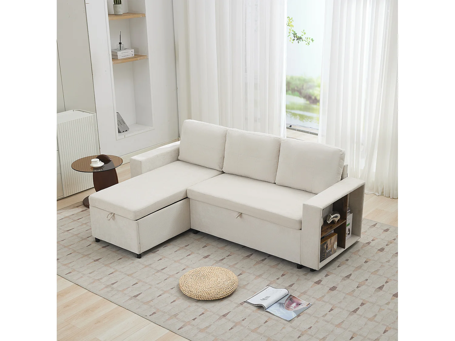 Canapé d'angle en L 3 places - 202 x 136 x 85 cm - Rangement latéral - Coussins confortables - Tissu chenille - Beige