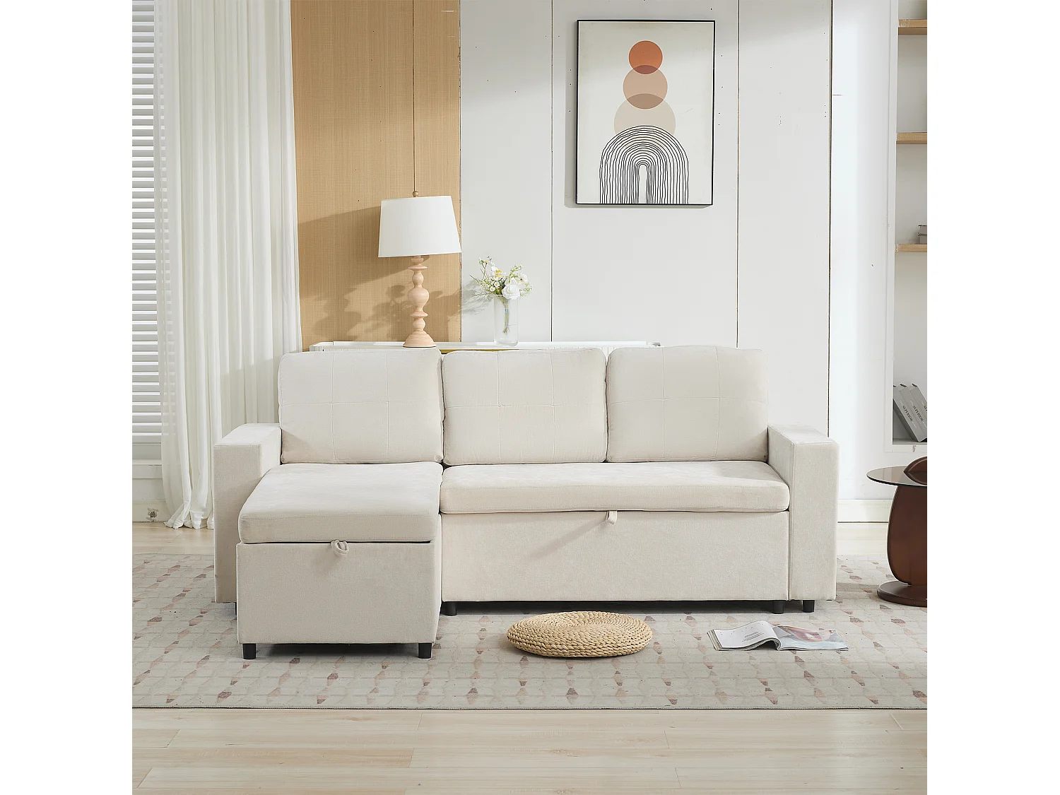 Canapé d'angle en L 3 places - 202 x 136 x 85 cm - Rangement latéral - Coussins confortables - Tissu chenille - Beige