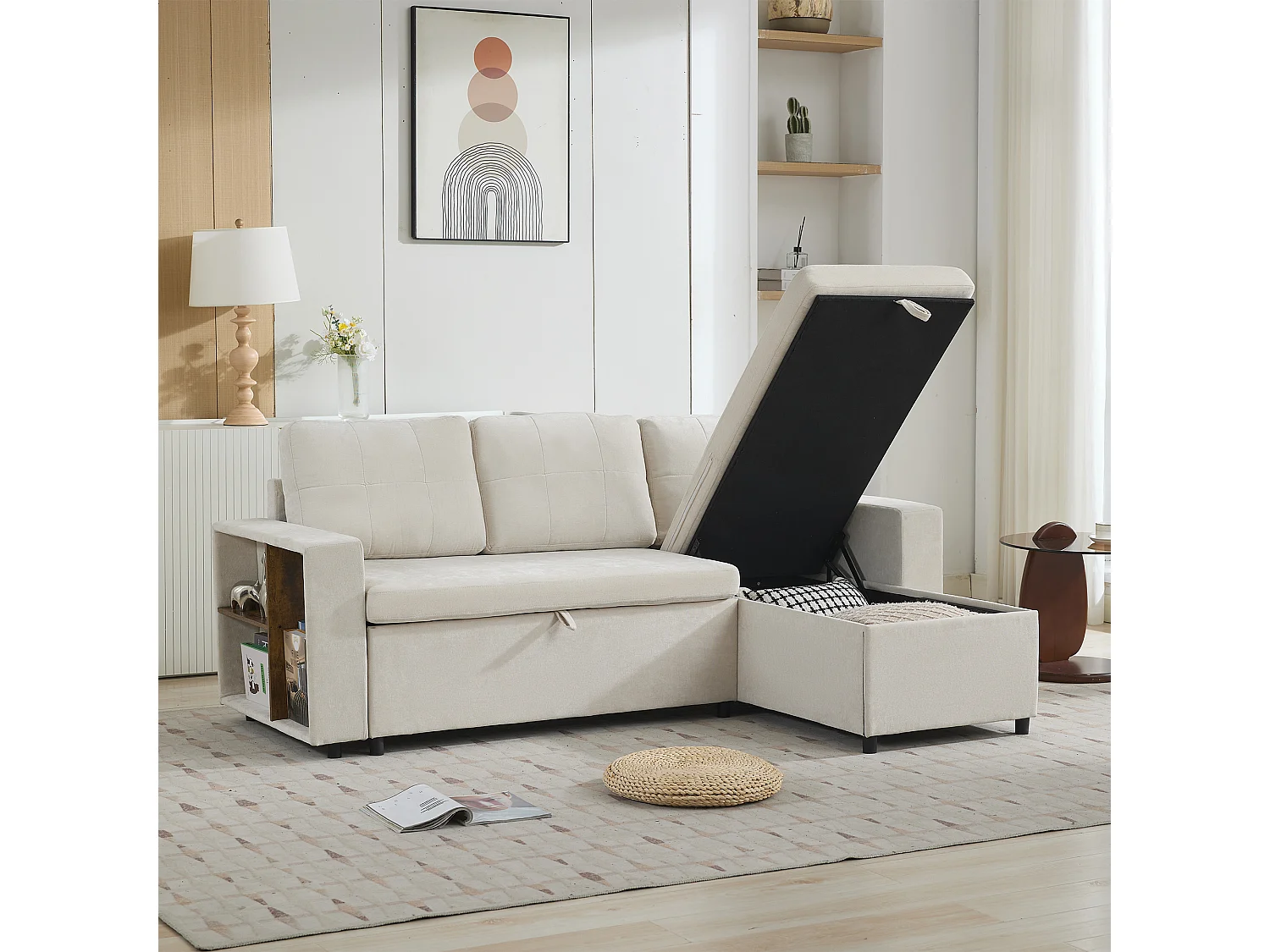Canapé d'angle en L 3 places - 202 x 136 x 85 cm - Rangement latéral - Coussins confortables - Tissu chenille - Beige