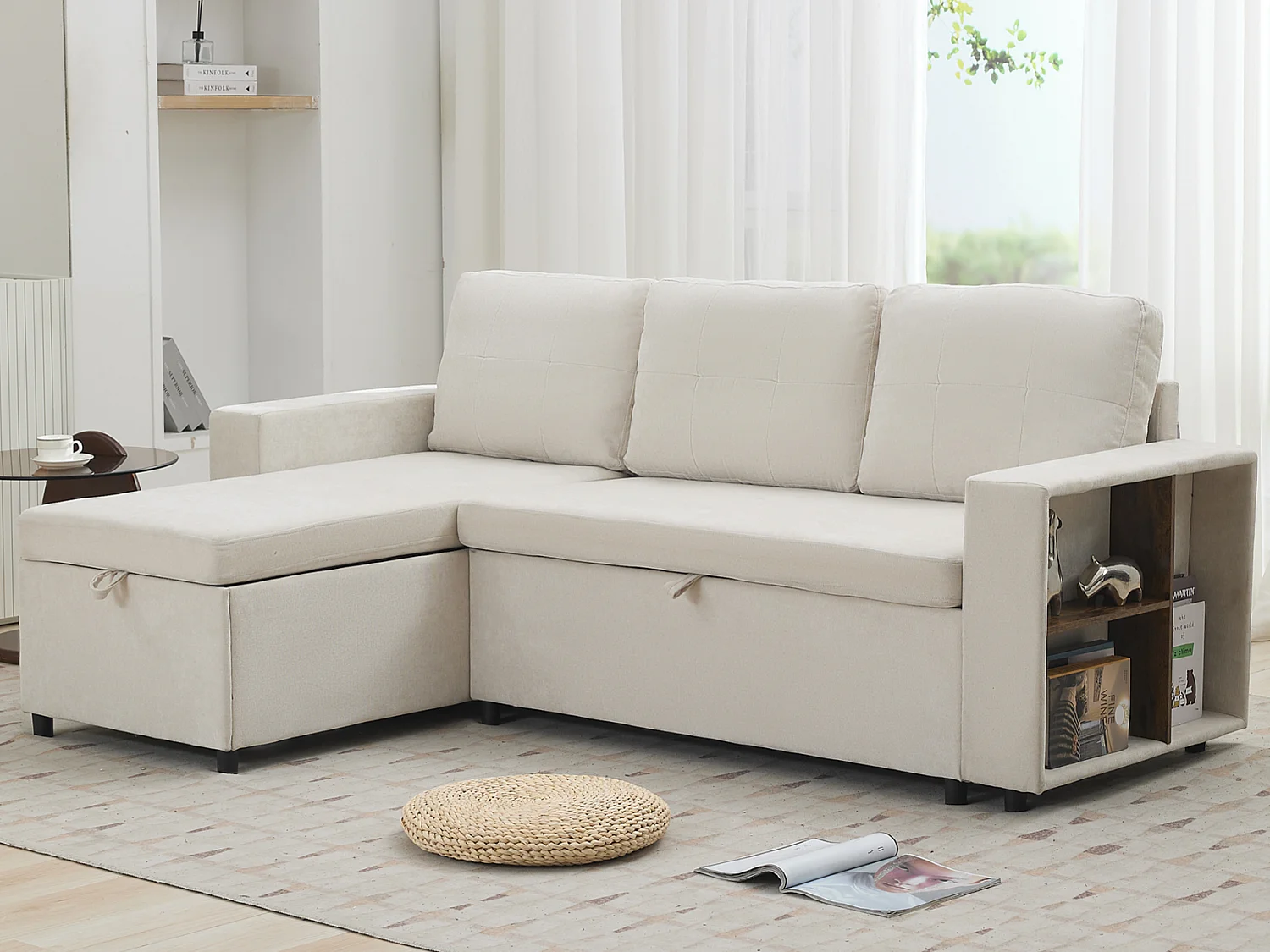 Canapé d'angle en L 3 places - 202 x 136 x 85 cm - Rangement latéral - Coussins confortables - Tissu chenille - Beige