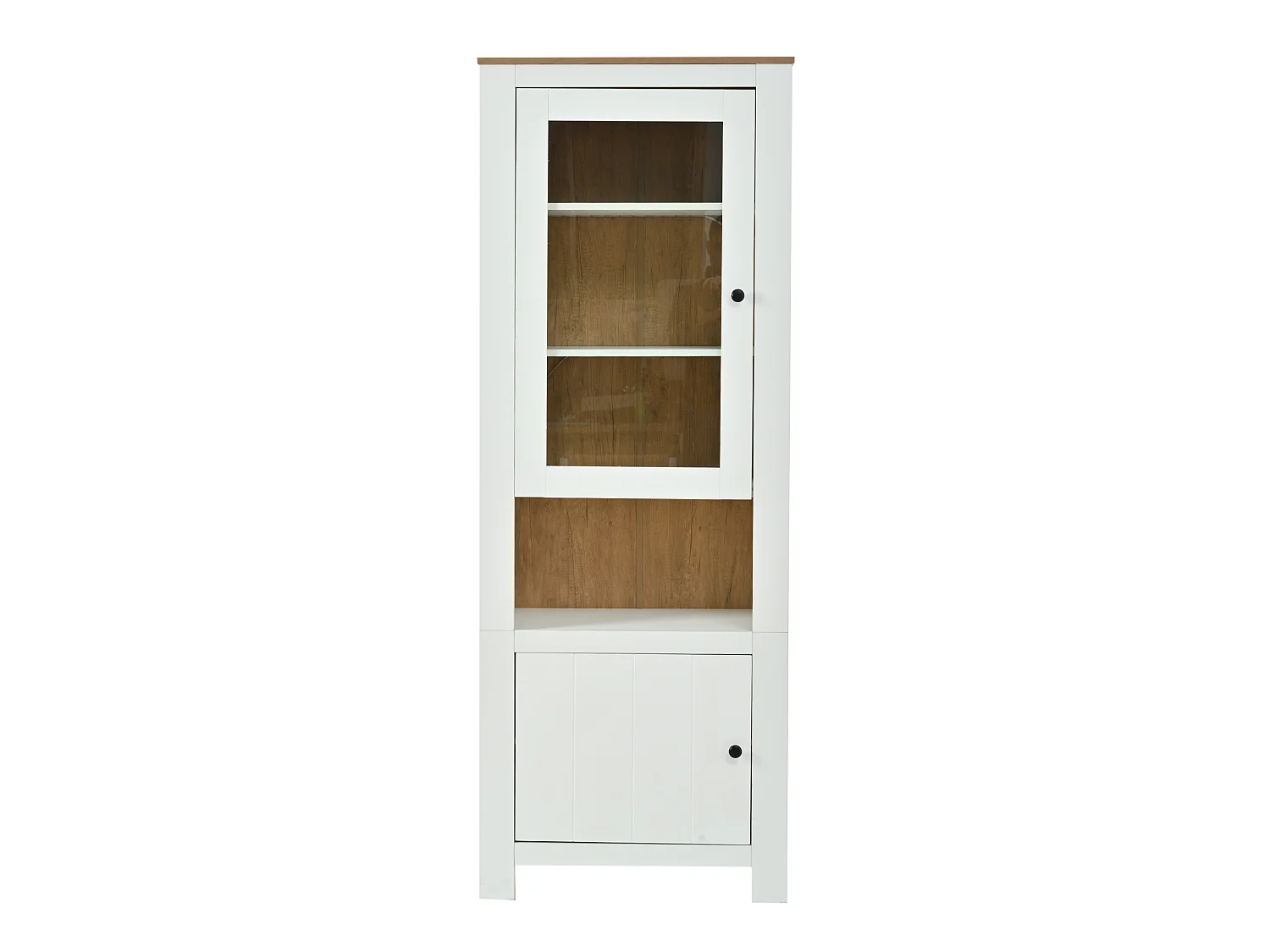 Vitrine com 2 portas e iluminação LED - Painel traseiro com aspeto de madeira natural - Branco