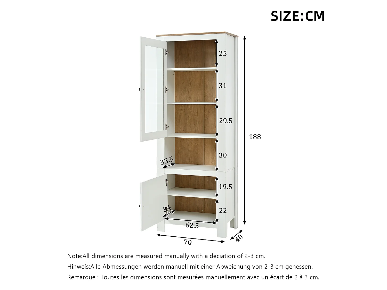 Vitrine com 2 portas e iluminação LED - Painel traseiro com aspeto de madeira natural - Branco