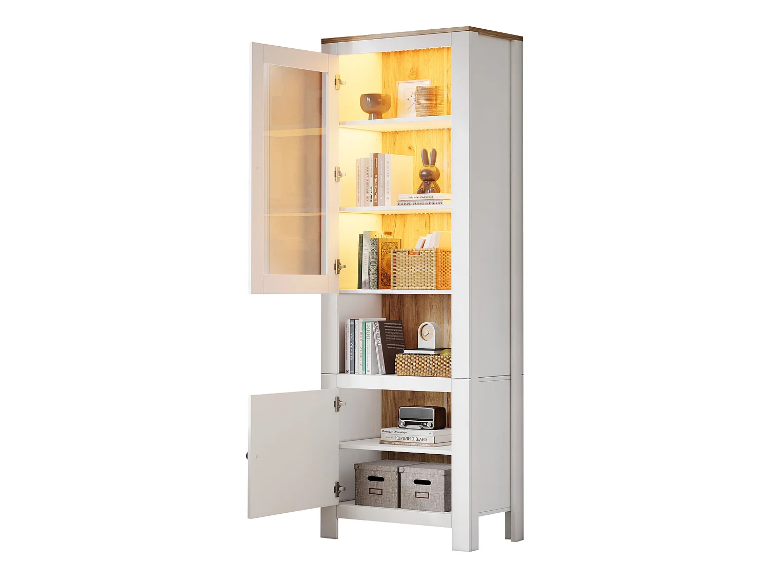 Vitrine com 2 portas e iluminação LED - Painel traseiro com aspeto de madeira natural - Branco