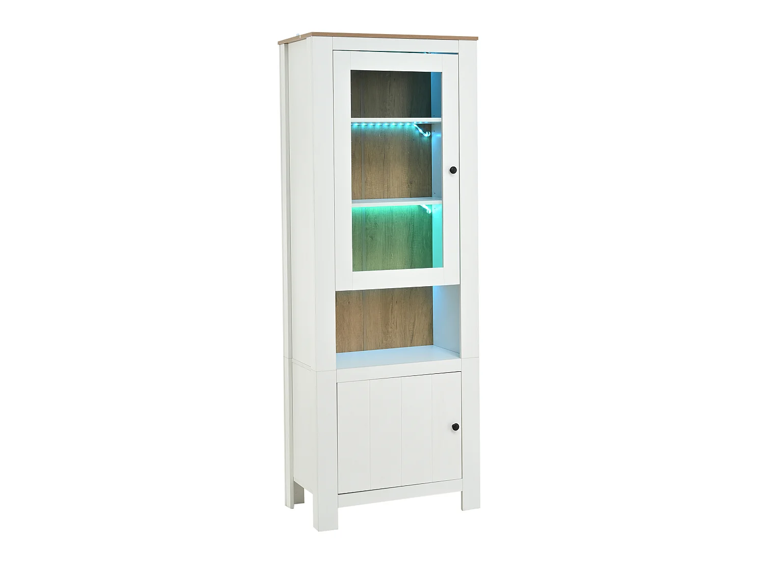Vitrine com 2 portas e iluminação LED - Painel traseiro com aspeto de madeira natural - Branco