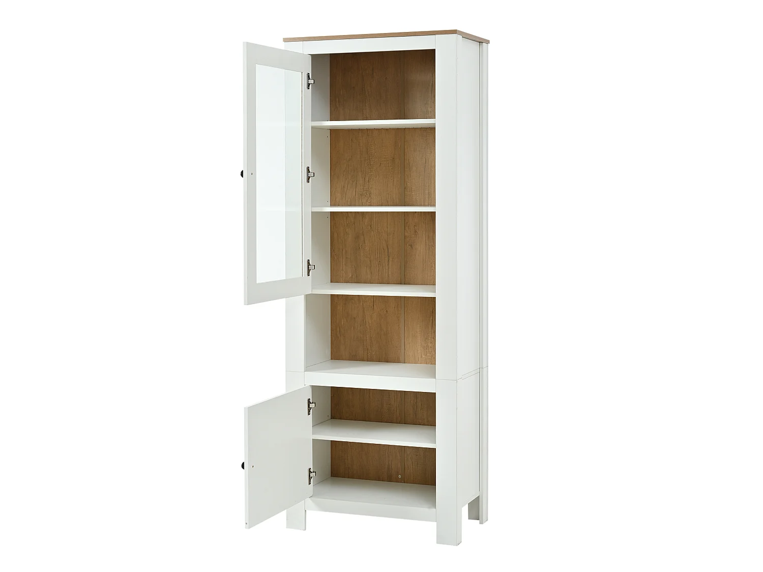 Vitrine com 2 portas e iluminação LED - Painel traseiro com aspeto de madeira natural - Branco