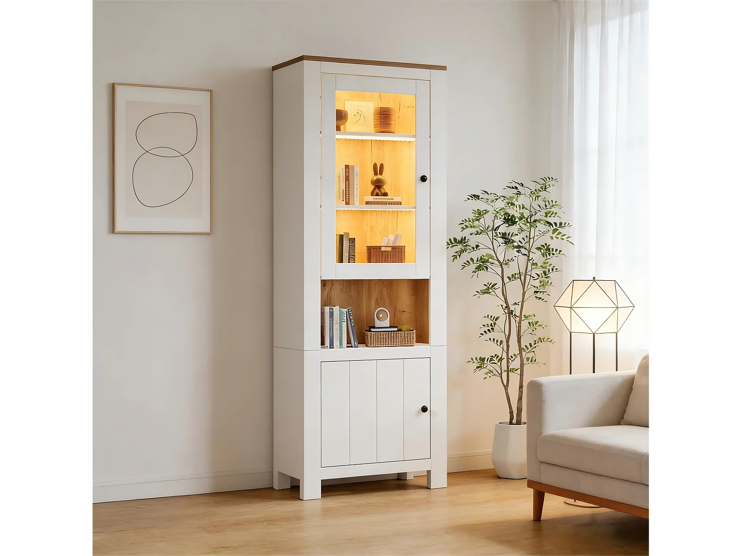 Vitrine com 2 portas e iluminação LED - Painel traseiro com aspeto de madeira natural - Branco