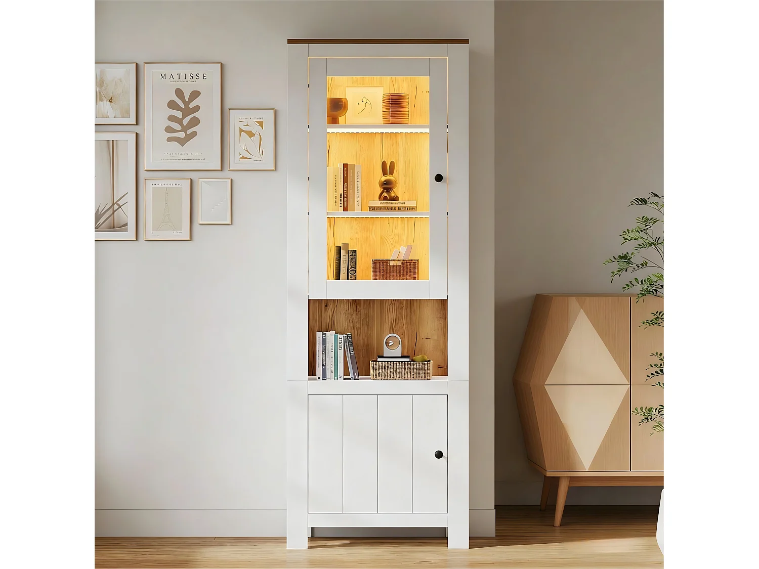 Vitrine com 2 portas e iluminação LED - Painel traseiro com aspeto de madeira natural - Branco